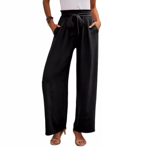 Pantaloni donna a vita alta con gamba larga, cintura regolabile a fiocco e tasche laterali