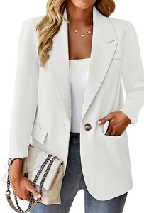 Close-up of white slim fit blazer featuring notch lapels and single tortoiseshell button