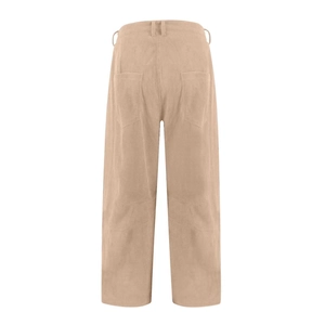 Detail of beige corduroy trousers showing vertical texture and back pockets