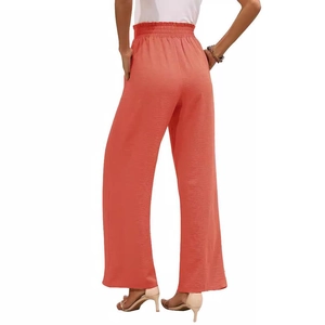 Pantaloni a gamba larga donna arancione corallo a vita alta elastica e dettagli pieghe