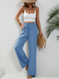 Pantaloni casual donna a vita alta con gamba larga e coulisse in tessuto azzurro operato