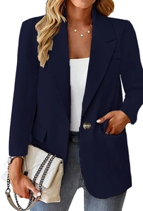 Detail view of women's navy blue blazer with notched lapels and tortoise button