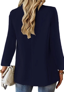 Rear view of a slim-fit dark blue women's blazer featuring structured seams and long sleeves