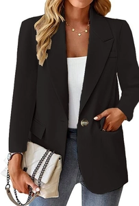 Detail view of the notch lapel and single-button closure on black fitted blazer