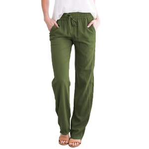 Pantalon en coton et lin vert olive pour femme avec taille élastique à cordon de serrage
