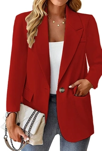 Detail of red blazer showing classic notched lapel and amber-textured single button closure