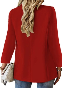Rear view of a slim-fit red blazer with a notched lapel and long sleeves for women