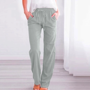 Pantalon large pour femme en lin vert sauge clair avec cordon de serrage et taille élastique