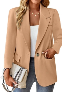 Detail of lapel collar and marble button on this slim fit khaki blazer for women