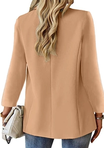 Rear view of a camel slim-fit blazer for women with structured shoulders and back seam line