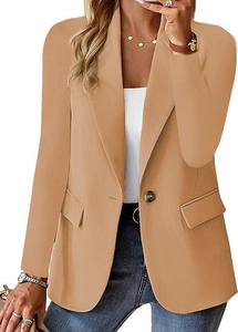 Detailed close-up of a khaki slim fit blazer featuring a classic lapel and single button
