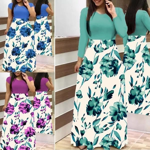 Robe Longue Maxi Femme Patchwork Floral Col Rond Manches Longues Courtes Taille Haute Coupe en A Bohème Élégante Décontractée