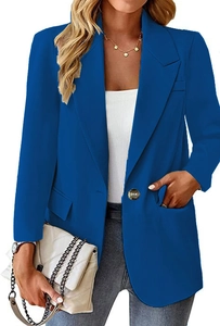 Close-up of vibrant blue slim fit blazer featuring a classic lapel and single button closure