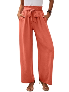 Pantaloni a gamba larga a vita alta paperbag da donna color corallo con cintura a fiocco