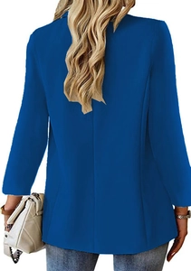 Back view of a blue slim-fit blazer for women featuring tailored seams and clean cut