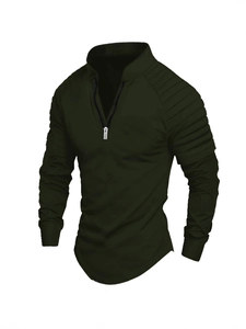 Slim fit dark green long sleeve polo shirt for men with zipper neck and quilted shoulders