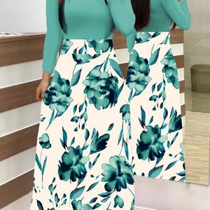 Robe longue femme à manches longues, haut vert menthe et jupe à imprimé floral bleu