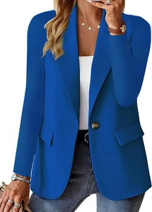 Detail of royal blue slim fit blazer with single button closure and lapel collar