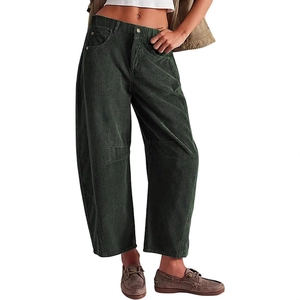 Women's dark green high waisted corduroy wide leg trousers with elastic waist and pockets