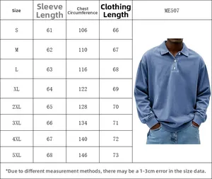 Size chart table for men long sleeve polo shirt with chest and length measurements