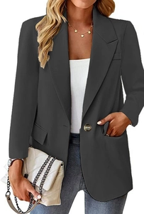 Detail view of charcoal gray slim fit blazer featuring notch lapels and single button closure