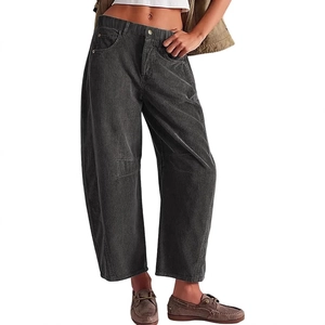 Women high waist dark grey corduroy wide leg pants with elastic waist and casual loose fit
