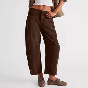 Women high waist brown corduroy wide leg pants with vintage loose fit straight cut design