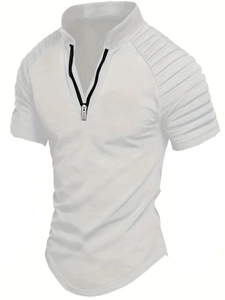 Detail of white slim fit polo shirt featuring a black zipper neckline and pleated sleeves