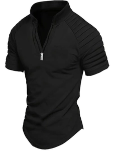 Detail of men's polo shirt featuring pleated ribbing on shoulders and a zip V-neckline