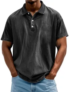 Polo de hombre vintage de algodón lavado en gris antracite con cuello de botones