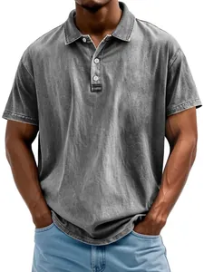 Polo de hombre en algodón gris lavado vintage con cuello de tres botones y puños de canalé