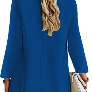 Back view of a slim-fit bright blue long-sleeved blazer jacket for women on white background