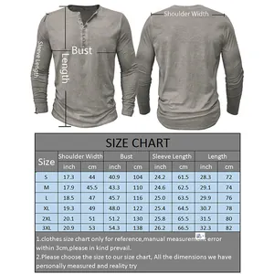 Detailed size chart for men's slim fit tie-dye Henley long sleeve t-shirt with measurements