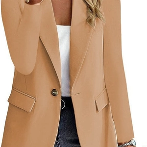 Slim fit camel blazer for women featuring classic lapels and a single-button closure