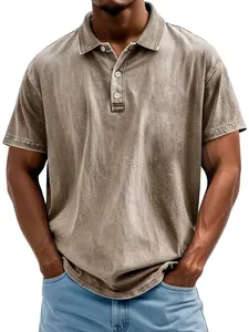 Polo vintage de algodón lavado para hombre con manga corta y cuello de tres botones