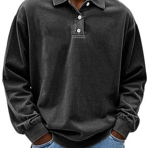 Men's vintage charcoal long sleeve polo shirt with washed cotton texture and buttons