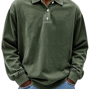 Men's olive green long sleeve Polo shirt in washed cotton with classic button collar