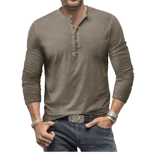 Detailed view of the multi-button Henley neckline on a vintage wash long sleeve slim t-shirt
