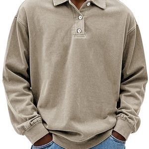 Men's vintage washed khaki long sleeve polo shirt with classic three-button placket