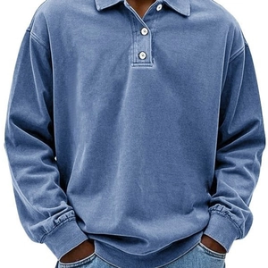 Indigo blue long sleeve polo shirt for men featuring a vintage washed style and rib cuffs