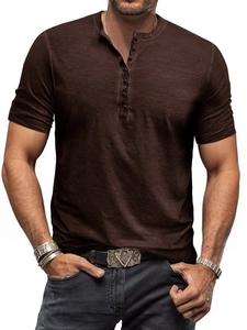 Close-up of vintage brown tie-dye Henley shirt showing buttoned V-neck and washed texture