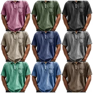 Men's cotton polo shirts in nine colors featuring chest pocket and three-button placket