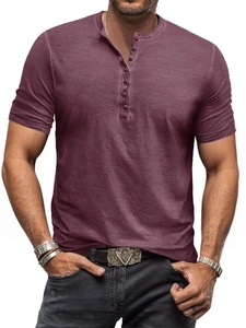 Detail of slim fit burgundy henley shirt featuring multi-button placket and waffle texture