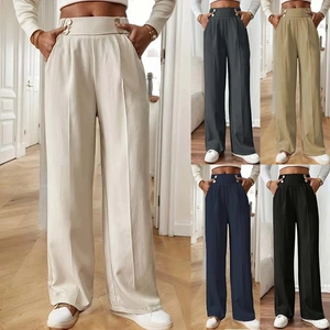 Detail view of high waist trousers featuring side buttons and elegant drape pleats