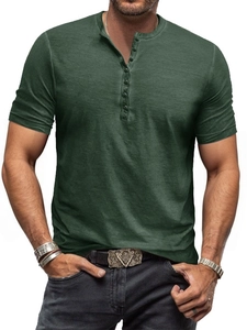 Detail of vintage dark green Henley shirt featuring textured fabric and buttoned neckline