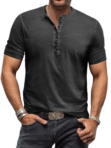 Close-up of vintage dark grey washed Henley t-shirt featuring five-button neckline