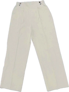Detail of high waist cream white trousers featuring elastic waist and side button accents