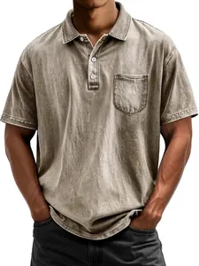 Men's vintage washed cotton polo shirt with short sleeves and front pocket in brown
