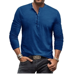 Vintage Mens Henley Shirt Cotton Blend Slub Texture Long Sleeve Slim Fit Button Up Casual T-Shirt Washed Retro Fashion Top