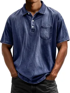 Detail of blue vintage washed cotton polo shirt featuring chest pocket and white buttons